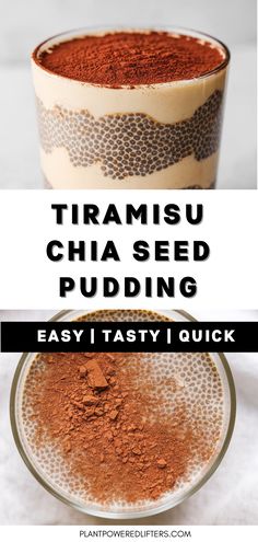 a glass bowl filled with red powder and the words, tiamusu chia seed pudding