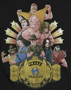 an image of the wrestling world champions on a black t - shirt with gold lettering