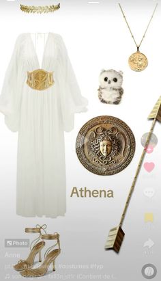 a white dress with gold accents and accessories including a hat, necklaces, an owl