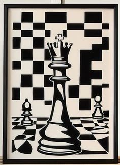 a black and white painting of chess pieces