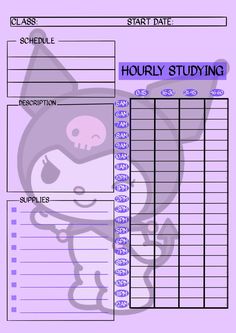 a purple and black printable character study sheet with skulls on the front, an image of