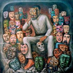 a painting of a man surrounded by many masks