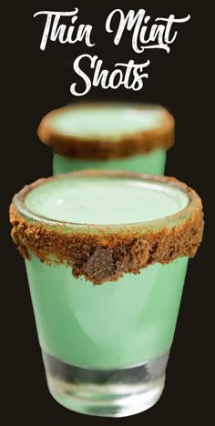 two shot glasses filled with mint green liquid and brown sugar on top, the text reads thin meat shots