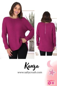 Cosy chic & pretty in purple! The ~Kanza Jumper - Purple~ is a perfect jumper to snuggle up on the couch in. It pairs well with anything from leggings to skirts and everything in between.

PRODUCT DETAILS: 

Round Collar 
Long Sleeves
Zipper on Back
High-Low Hem
Round Hemline 
Cuffed Sleeves
Soft fabric
55% Acrylic
45% Cotton 
MODEL WEARS: Size S-M 

CARE INSTRUCTIONS: This item is a cold hand wash only, hung to air dry and steamed to iron out the creases as needed. Pretty In Purple