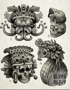 three skulls and two heads with different designs on the front, one in black and white