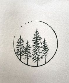 a drawing of trees in the middle of a circle with a dot at the bottom