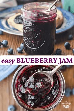 blueberry jam in a glass jar with a spoon