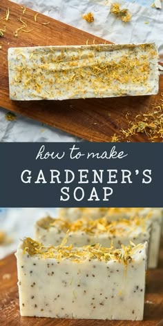 how to make gardener's soap on a wooden cutting board with text overlay