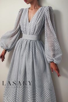 Lasaky - Elegant Polka Dot Maxi Dress with Flattering Ruffled Sleeves Puff Long Sleeve Dress, Chiffon Summer Dress, Maxi Dress Outfit, Puff Long Sleeves, Fashion Dresses Casual, Maxi Skirts, Maxi Dress With Sleeves, Mode Inspiration, Hem Dress