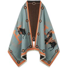 a blue and orange cardigan jacket with horses on it's sides, in front of a white background