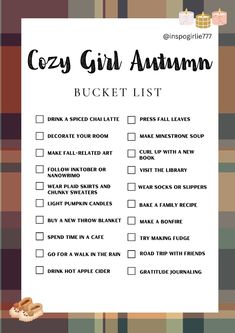 the cozy girl autumn bucket list is shown on a checkered table cloth with an orange and