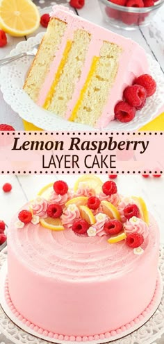 lemon raspberry layer cake on a white plate