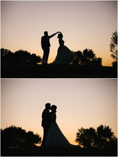 two pictures of a bride and groom in silhouette at sunset or dawn with trees behind them