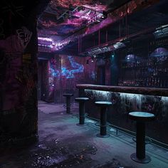 a dimly lit bar with three stools and graffiti on the walls in an abandoned building