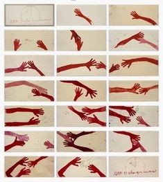 several images of hands with red paint on them and the words, handprints