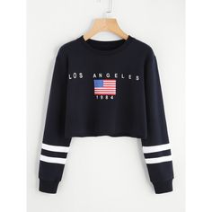 American Flag Print Varsity Striped Crop Sweatshirt (35 BRL) ❤ liked on Polyvore featuring tops, hoodies, sweatshirts, black, long sleeve pullover, polyester sweatshirt, stripe crop top, american flag sweatshirt and long-sleeve crop tops Black Crop Sweatshirt, American Flag Print, Crop Top Outfits, Black Sweatshirt, Crop Sweatshirt, Casual Sweatshirt, Long Sleeve Casual, Cropped Sweater