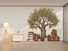 a room with a tree and books on the wall