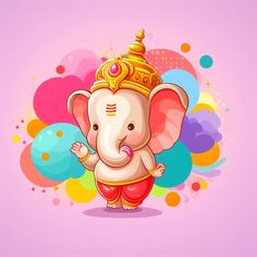 an elephant with a golden crown on its head standing in front of colorful bubbles and confetti