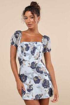 Blue Floral Jacquard Dress - Mini Dress - Puff Sleeve Mini Dress - Lulus Light Blue Homecoming Dresses, Simple Homecoming Dresses, Black Homecoming Dress, Puff Sleeve Mini Dress, Blue Homecoming Dresses, Perfect Blue, Puff Sleeve Dresses, Jacquard Dress, Floral Jacquard