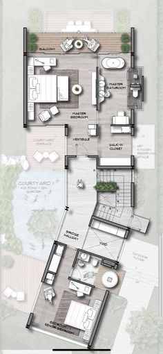 the floor plan for a modern house with lots of windows and furniture, including couches,