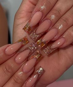 Gold Glittery Nails, Encapsulated Nails, Acrylic Butterfly, Glittery Nails, Cute Acrylic Nail Designs, Fall Acrylic Nails, Acrylic Nails Coffin Pink, Glitter Acrylic