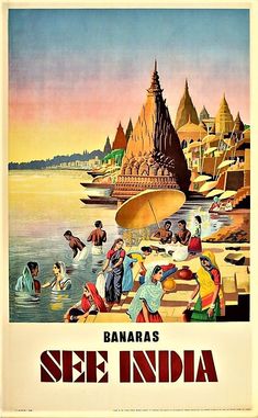 an advertisement for banara's sea india with people bathing in the water and on boats