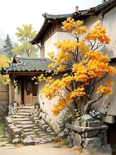 a painting of a tree with yellow leaves in front of a house