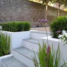 some plants and flowers are growing in white planters on concrete steps near a brick wall