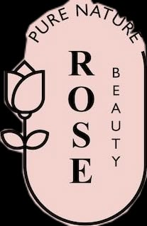 the logo for rose beauty is shown in black and white letters on a pink background