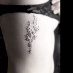 the back of a woman's stomach with a small plant tattoo on her side