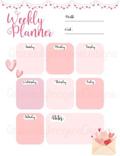 the weekly planner with hearts and envelopes on it, in pink tones for valentine's day