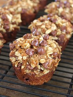 chocolate chip muffins cooling on a wire rack