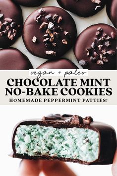 chocolate mint no - bake cookies are stacked on top of each other