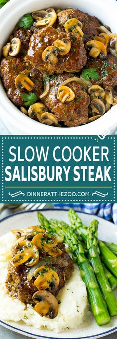 slow cooker salisbury steak with mashed potatoes and asparagus