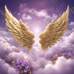 two angel wings flying above the clouds with purple flowers