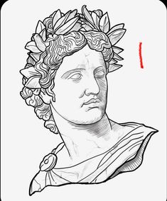 a black and white drawing of a bust of a man with flowers in his hair