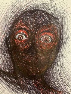 a drawing of a person's face with red eyes