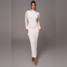 Ivory Knit Dress New With Tags White Long Sleeve Sweater Dress For Party, White Bodycon Midi Dress For Winter, White Bodycon Dress For Winter, Chic Cream Stretch Dress, Elegant Long Bodycon Sweater Dress, Chic Long Fitted Sweater Dress, Long Bodycon Sweater Dress, Chic Long Bodycon Sweater Dress, White Maxi Dress For Winter Evening