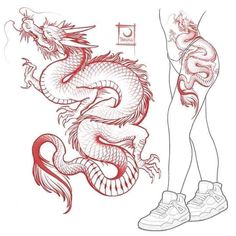 a drawing of a dragon and woman's legs