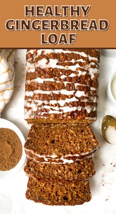 healthy gingerbread loaf with white icing and cinnamon sprinkles on top