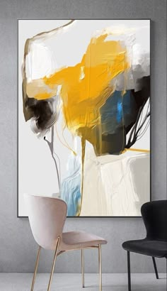 an abstract painting on the wall next to two chairs