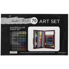 the watercolor paint set includes 70 colors and an assortment of brushes, pencils, markers