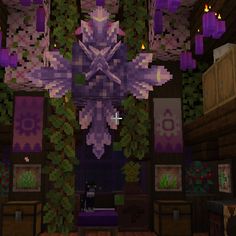 an image of a room in minecraft with purple lights and decorations on the ceiling