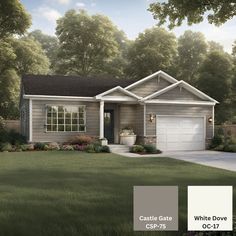 a rendering of a house with white doves on the front and gray garage doors