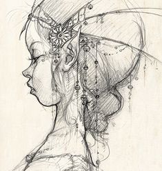 a drawing of a woman's head with beads on it