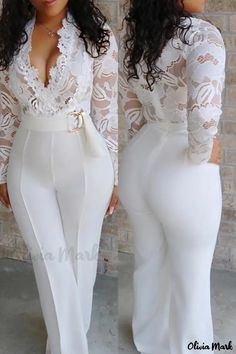 OliviaMark - Moderner Patchwork-Overall mit Taillengürtel - raffiniertes Design mit V-Ausschnitt Jump Suites, White Jumpsuits, White Lace Jumpsuit, White Long Sleeve Bodysuit, Long Overalls, Slim Jumpsuit, Long Pant Jumpsuit, Spring Work Outfits, Lace Jumpsuit