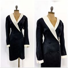 Stunning Vintage Black And White Tuxedo Dress. This Dress Is A Timeless Piece Featuring A Wrap Style That Attaches At The Waist. The Label Is Made Of A Pearly White Satin With Matching Cuffs At The Wrists. The Dress Is Fitted Through The Bust And Hips Before Falling Naturally Down The Legs. This Style Is A Classic From The 80s And 90s But Is Truly Timeless. Perfect Styled Simply For An Elevated Event Or Party. | Details | Modern Size: Medium - Large Brand: Na Materials: Synthetic Blend Condition Formal Fitted Vintage Dress For Winter, Fitted Vintage Dress For Formal Winter Event, Fitted Vintage Dress For Winter Formal, 80s Dresses Casual, Linen Sheath Dress, Vintage Tuxedo, Black And White Suit, Sleeveless Linen Dress, Black And White Tuxedo