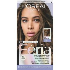 L'Oreal Paris Feria Toner in Iced Brunette, 1 Kit, offers a long-lasting, anti-brass solution with a vegan formula. This chemical hair dye helps eliminate brassiness while maintaining your multi-faceted brunette color. Built-in conditioning polymers reinforce lightened strands, resulting in softer, shinier hair. The fast, high-speed technology neutralizes unwanted red and orange tones in as little as 5 minutes, giving you a multi-dimensional brunette finish. Feria Iced Brunette Toner keeps brass Hair Toner For Brunettes, Hair Toner Colors, Brown Hair Color Styles, Loreal Paris Hair Color, Ash Brown Hair Dye, Feria Hair Color, Hair Color Styles, Cool Brown Hair, Paris Hair