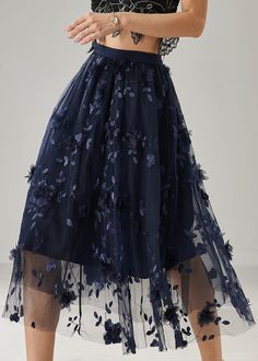 Plus Size Navy Embroidered Floral Tulle Skirts SummerFabric: TulleSize & Fit: This garment fits true to size.Length: Size 2XL measures 30.81"from waist to hem.Waist:Fitted - elastic waist allows stretch Hip: Loosely Fitted. room for hips. Hand Wash Cold. Elegant Long Skirt With Floral Embroidery, Fitted Lace Skirt With Floral Embroidery, Long Lace Skirt For Party, Elegant Floral Embroidered Party Skirt, Spring Party Organza Skirt, Elegant Embroidered Long Skirt, Floral Embroidered Full Skirt Bottoms, Embroidered Flared Skirt For Wedding, Blue Tulle Party Bottoms