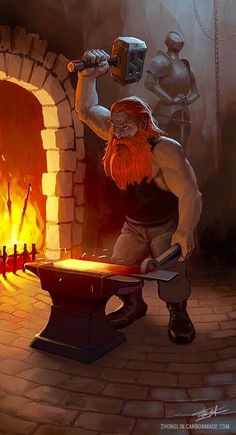 a man with a hammer in front of a fire